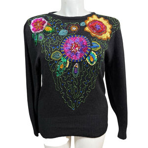Vintage Cedars Black Sequin Beaded Floral Sweater L
